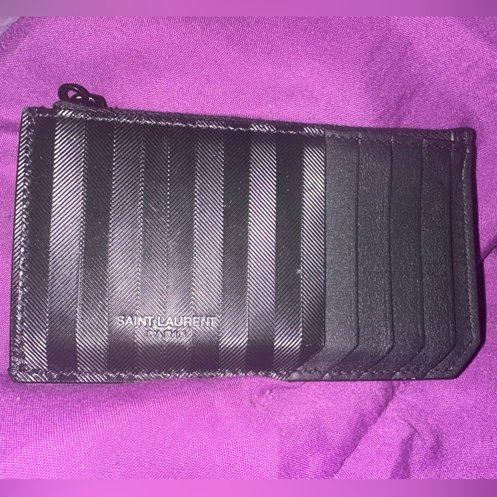 YSL Saint Laurent Coin Card Wallet Holder Black Striped Preowned Mint Condition